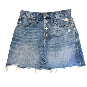 Madewell rigid denim a-line mini skirt Jean exposed button frayed hem blue 27